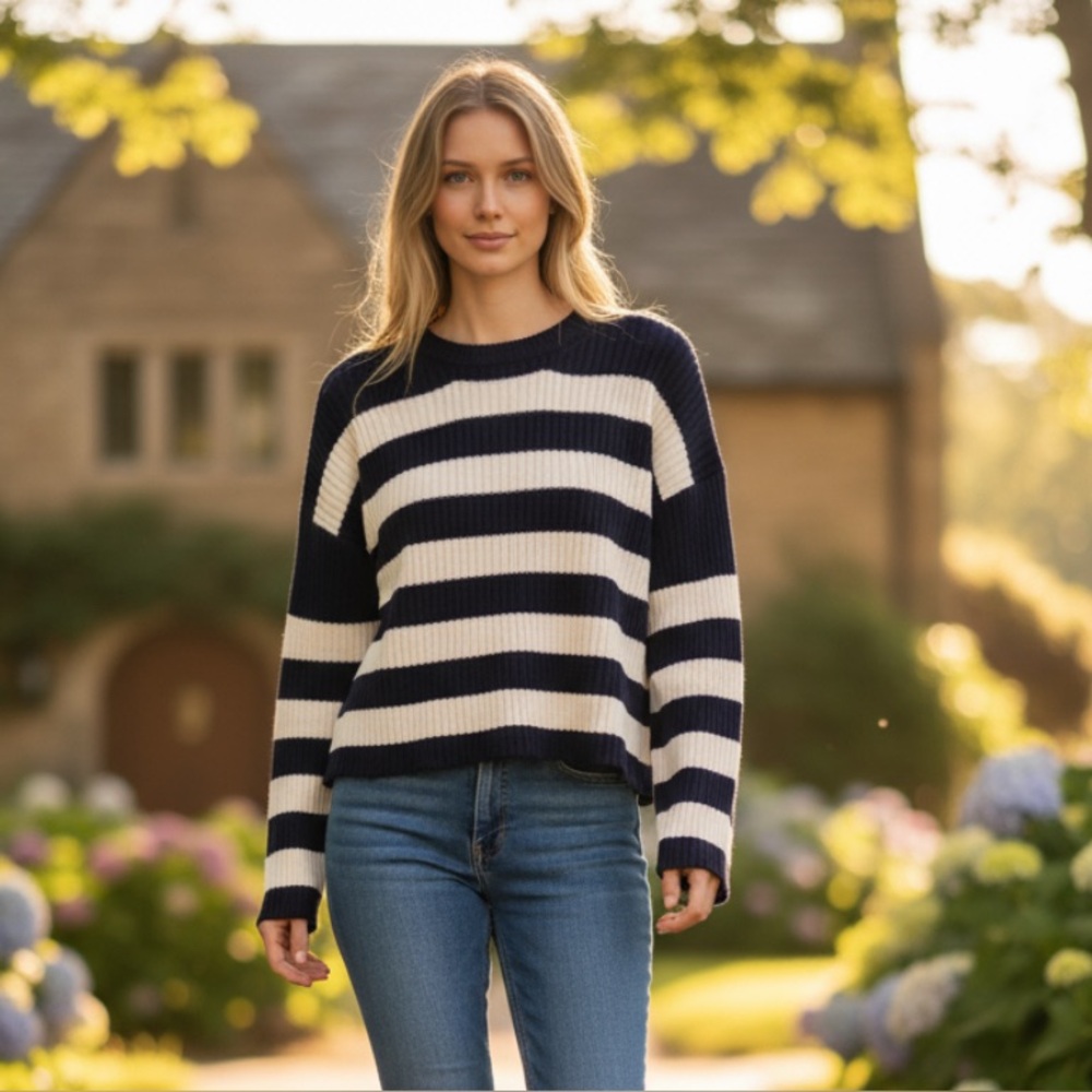 NEW Sage‎ & Stone Crop sweater Striped Navy Blue Cream Distressed Size Large